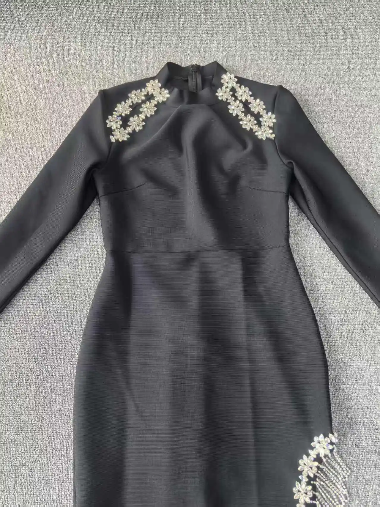 Dames bandage kristallen bloem avondjurk lange mouw strass franje bodycon maxi-jurk met split voor gala prom party