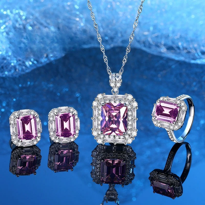 

Design Color Treasure Three Piece Set PT950 Platinum Artificially Cultivated Gemstone Pendant Ring Earrings Pink Jewelry Set