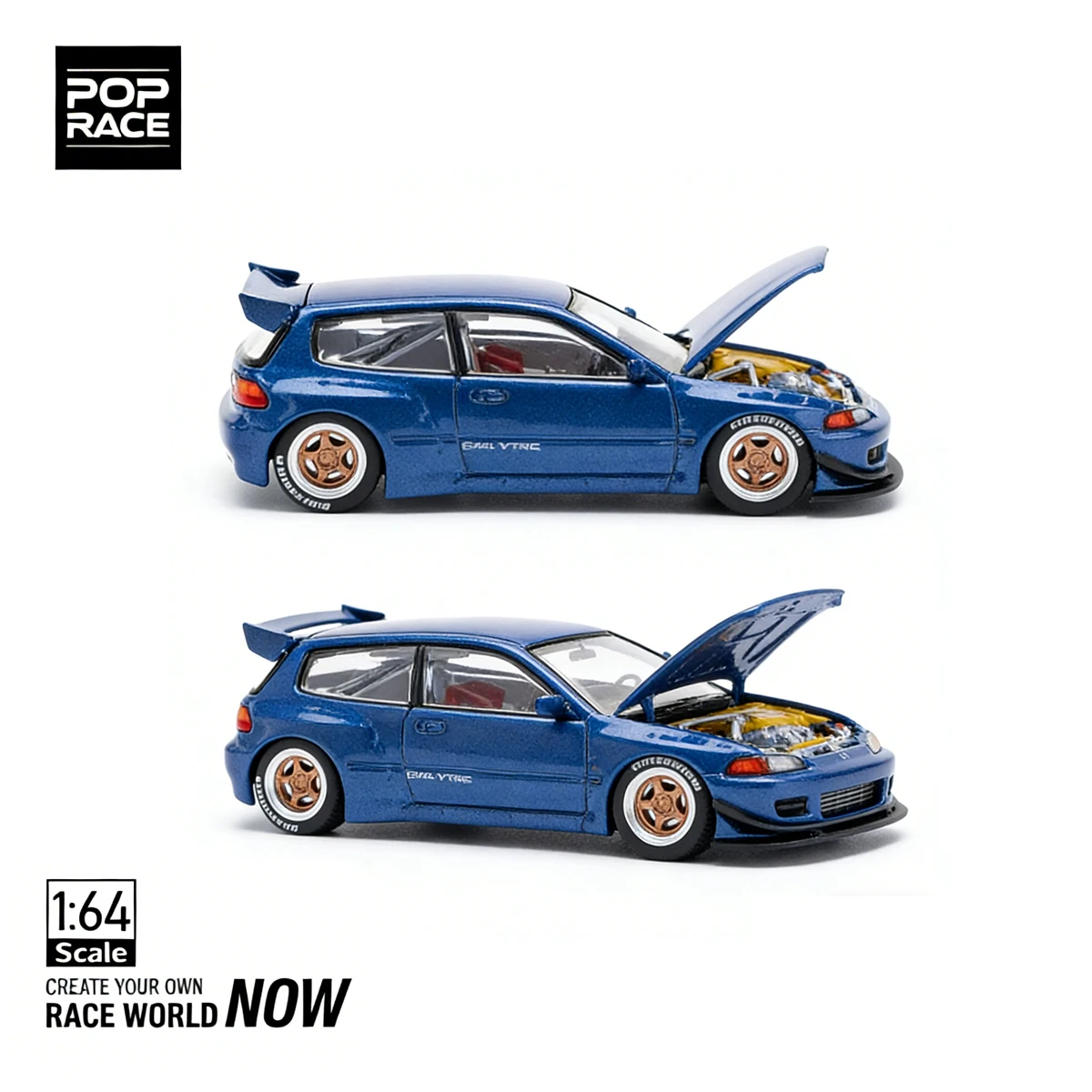 

POP RACE PR640174 1:64 Honda Civic EG6 Pandem Rocket Bunny Metallic Blue Diecast Collectible Car With Open Hood In Stock