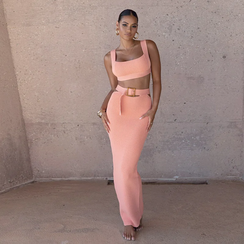 Backless Knitting Two Piece Set Vest Top Button Long Skirt Women Set Elegant Party 2 Piece Set Women Set