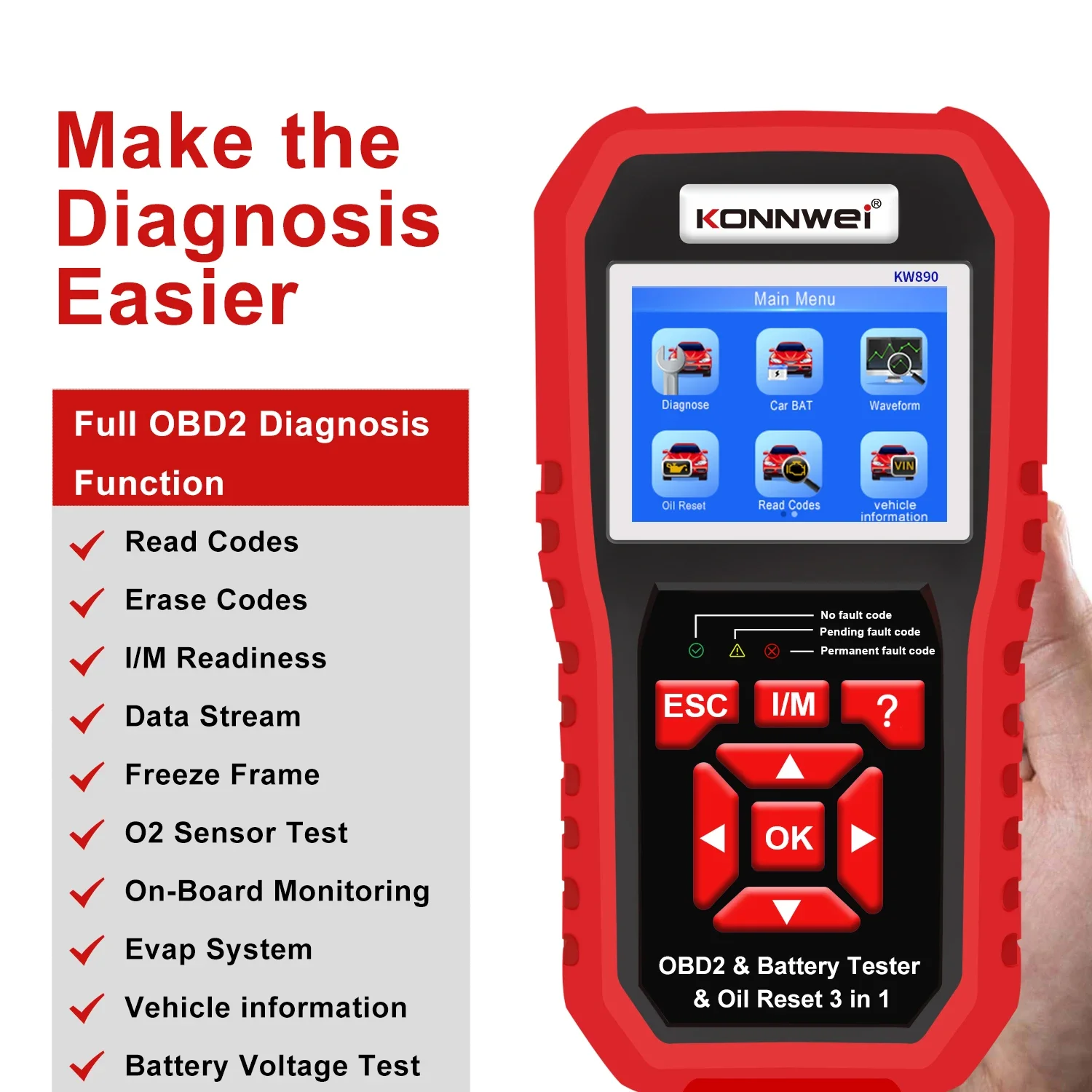 Factory Direct Konnwei kw890 obd2 scanner car diagnostic tool cca battery tester for universal cars with oil reset function