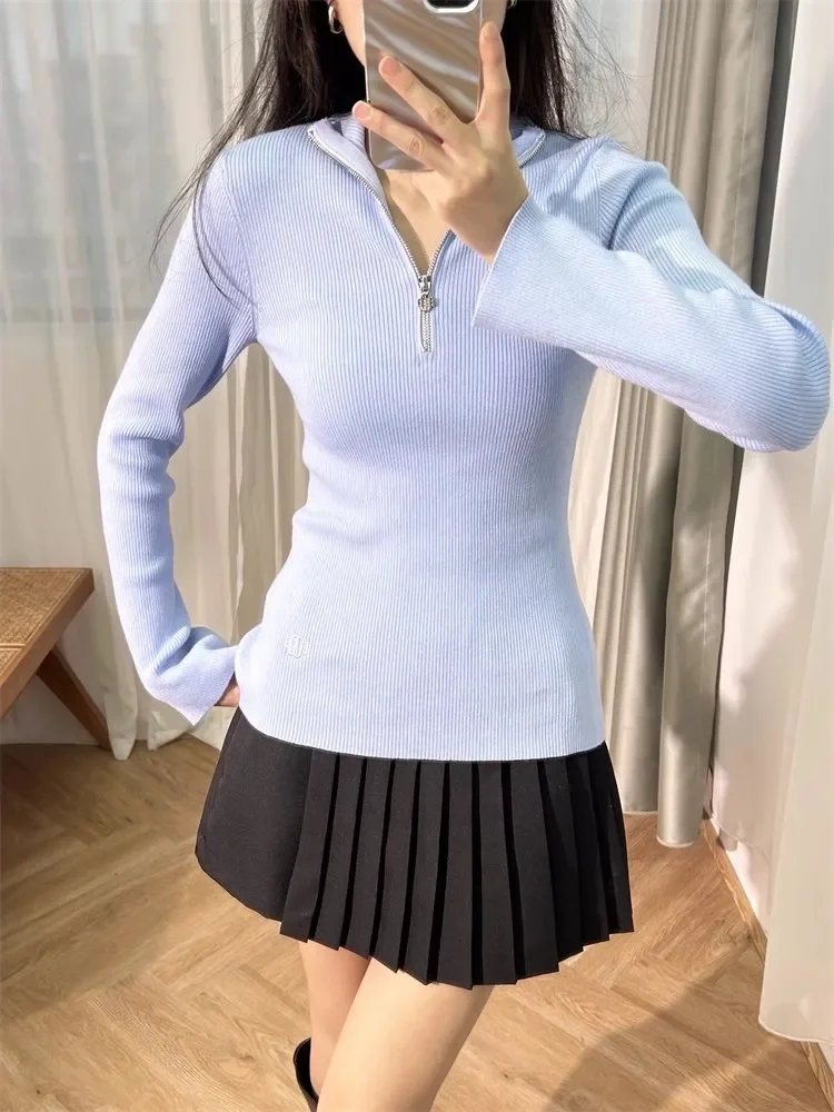 

Women Blue Sweater Logo Embroidery Zipper Half Turtleneck Long Sleeve Casual 2023 Autumn Pullover