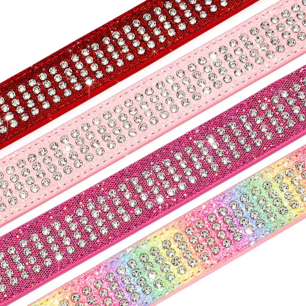 Rhinestone Leather Dog Collar Bling Crystal Wide Pet Collar 4 Row Full Diamond Dog Collars for Small Medium Large Dogs Pitbull