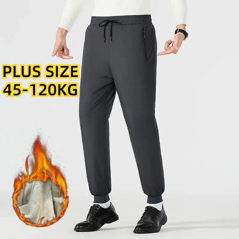 

Plus Size Man Add Pile Thickened Casual Cotton Pants Warm Breathable Elastic Waistband Simple Solid Color Slim High Trend Pants