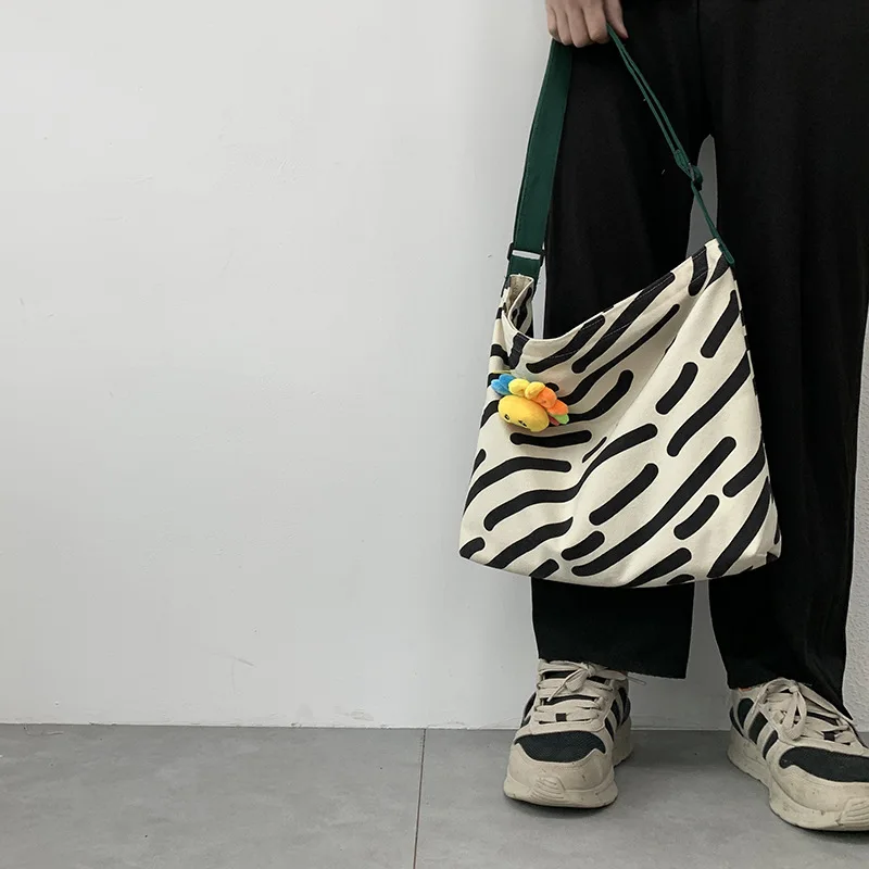 Women Canvas Shoulder Bag Zebra Stripes Print Ladies Casual Handbag Tote bag Large Capacity Cotton Reusable Shopping Beach Bag