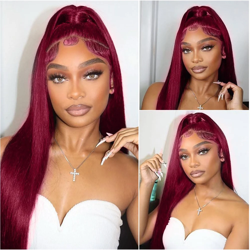 220 Density 99J Burgundy 13x6 Colored HD Lace Front Wig Human Hair Wigs PrePlucked Red Peruvian Straight Lace Frontal Human Hair Wig Beginer Friendly