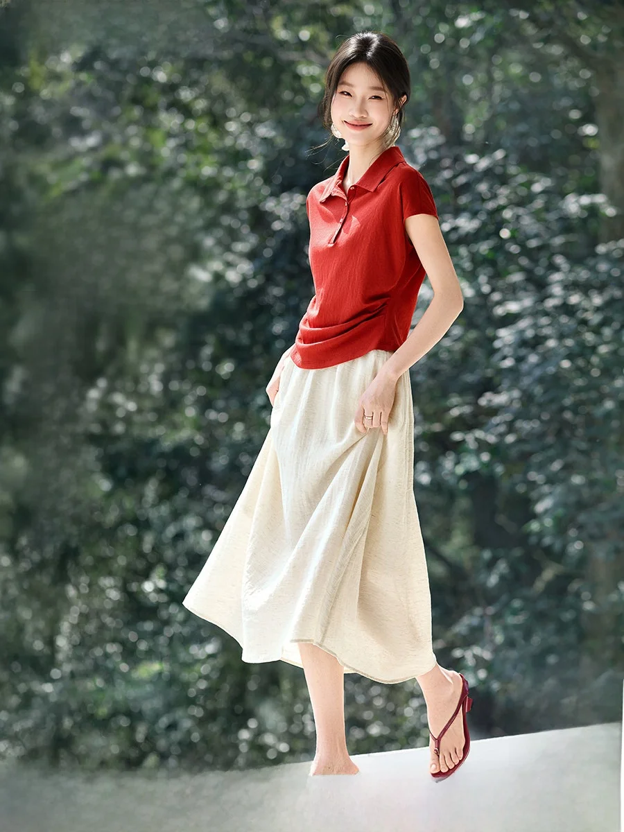 

Mehemai Summer New Style Commute Two-Piece Set Women's T-Shirt Long Skirt Set with Waist Capping Flip Collar Linen Blend