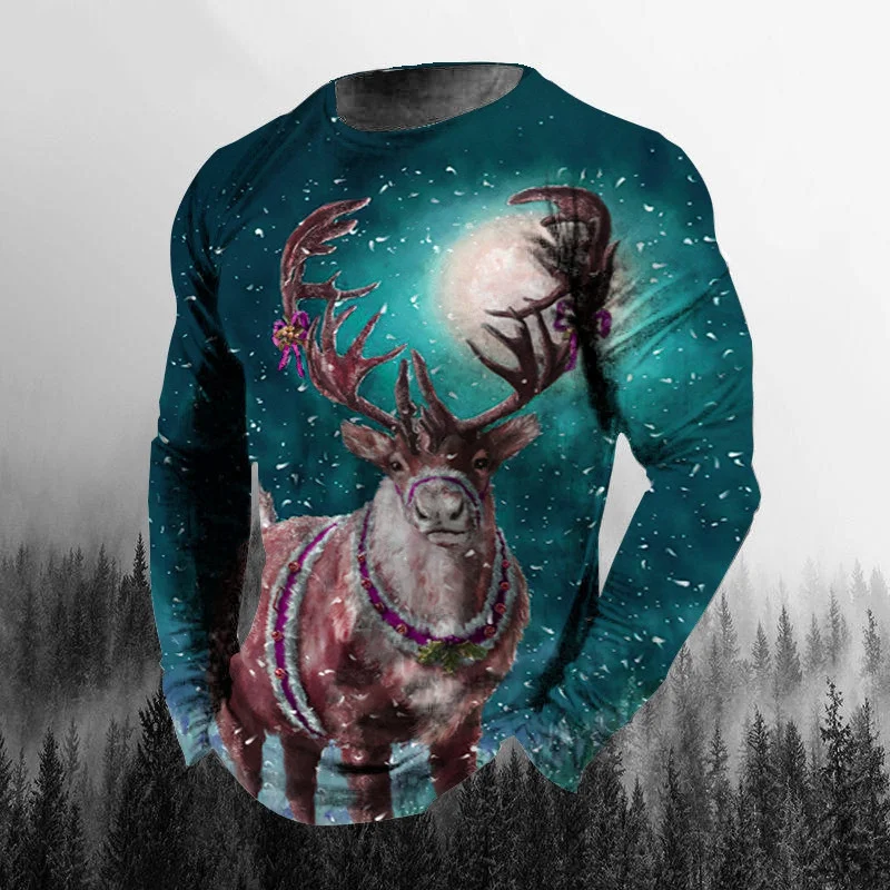 Merry Christmas Pattern T-Shirt For Men Reindeer Sled 3D Print T Shirts Autumn Casual Oversized Round Neck Tops Long Sleeve Tees