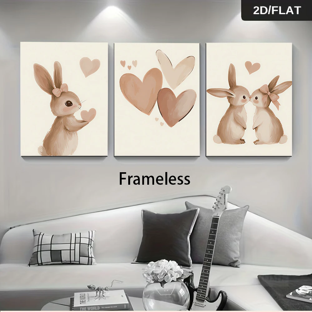 1 set of cute rabbit heart triple frameless decorative paintings, modern and simple children's room, warm 2D floor plan