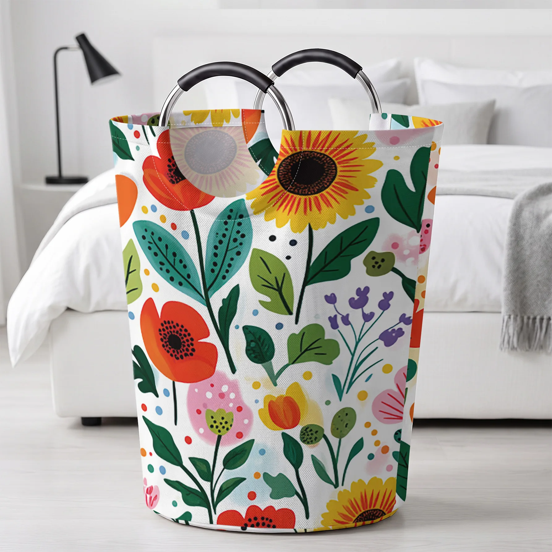 Sunflower Poppy Colorful Floral Handheld Storage Basket, For Laundry, Bedroom & Home Sundries Storage