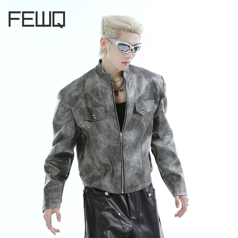 FEWQ American Stand Up Collar Men's PU Leather Jacket Motorcycle Tie Dyed 2024 Streetwear Zipper Male Tops Fashion 24E5653