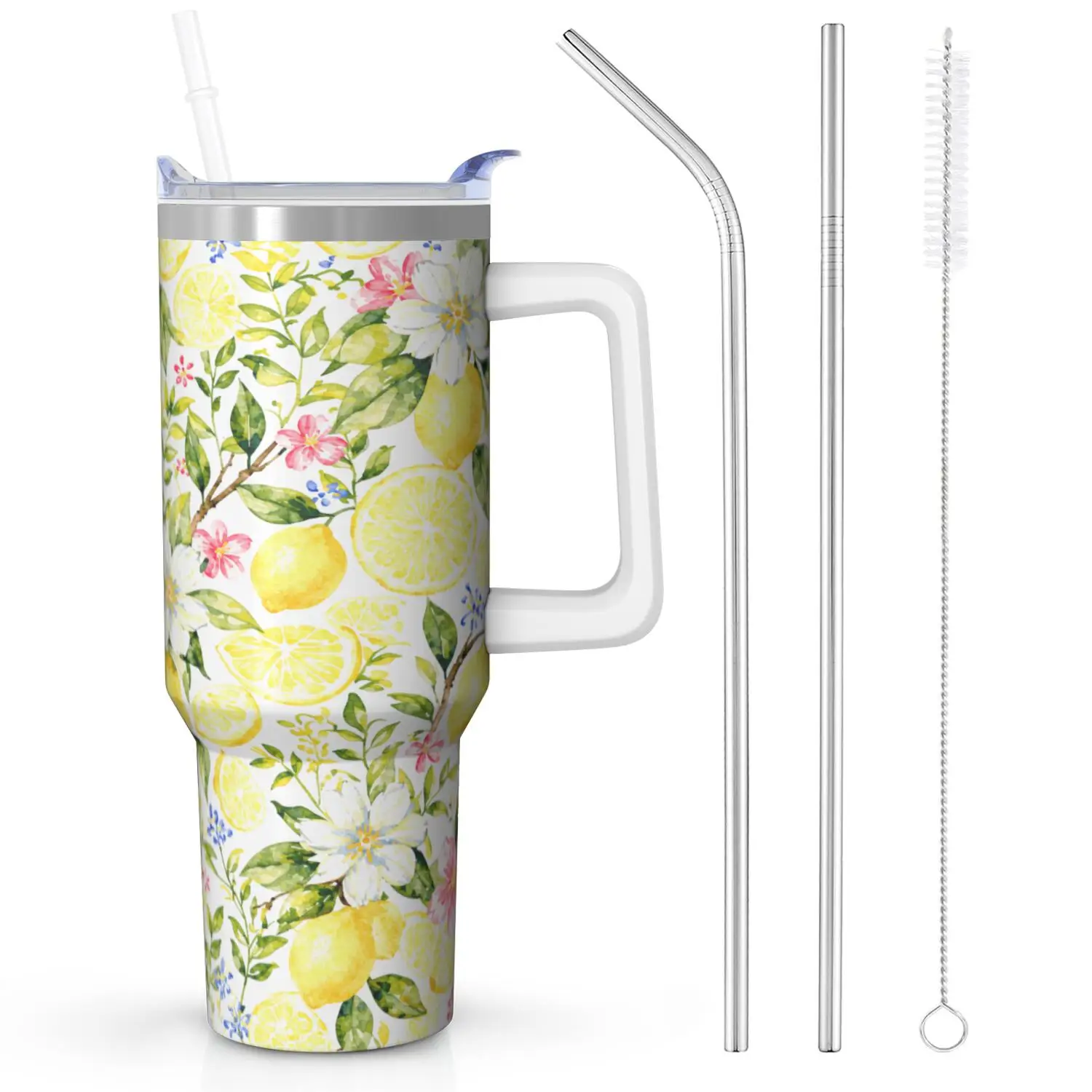 1ps Lemon Handle Cup Set with Straw | Maximum Capacity 40 Oz, Inner Layer 304 Stainless Steel, Outer Layer 201 Stainless Steel, Seamless Inner Liner, Lid Made of PC Material, Suitable for Home, Office, Outdoor, Sports, and Car Use