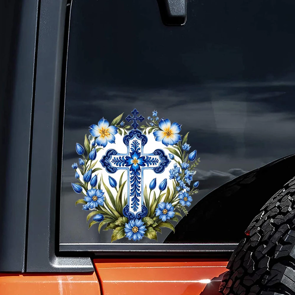 QT2590#Ornate Blue & White Cross with Floral Scrollwork Suitable for Cars, Laptops, Bumpers, Glass Window Sticker