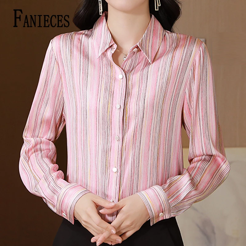 

FANIECES Pink Stripe Print Women Shirt Autumn Long Sleeve Lapel Single-breasted Blouse Elegant Office Ladies Shirts Casual Tops