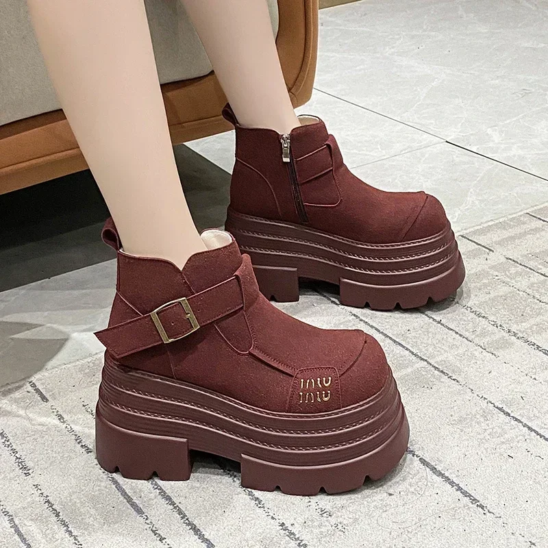 10CM New Winter Women Warm Snow Boots Outdoor Plush Ankle Shoes Anti-skid Chunky Leather Sneakers Slip-On Short Fur Boots Woman