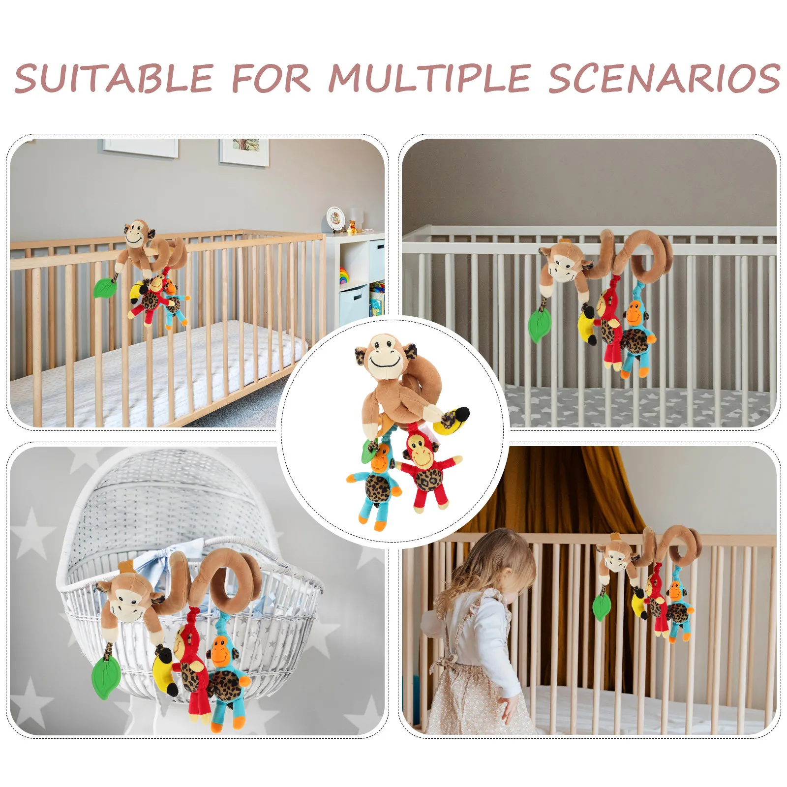 Monkey Design Infant Baby Activity Spiral Bed Stroller 4 Hanging Characters Encourage Reach Pull Squeeze Bright Colors Tactile