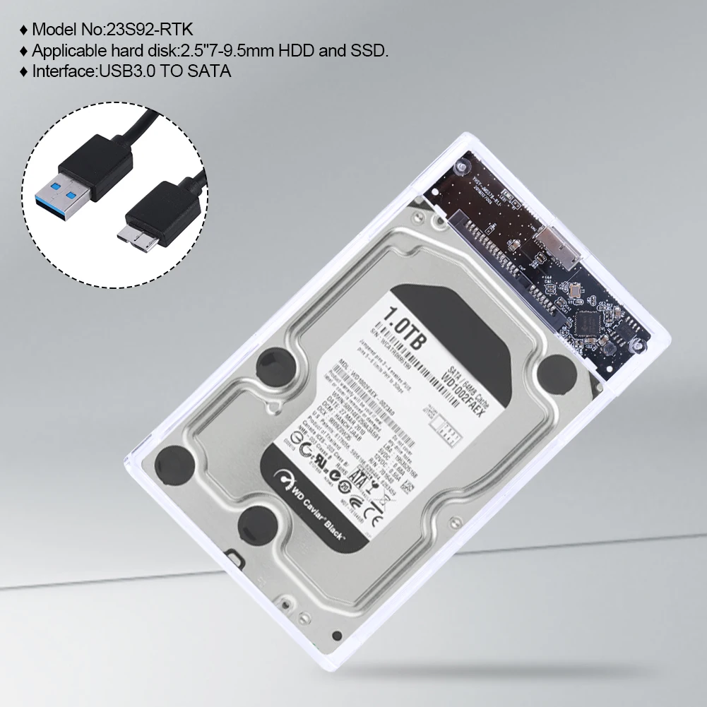 Caixa de disco rígido transparente, caixa externa móvel, gabinete sem ferramentas, USB 3.0, 2.5 ", SATA, SSD, 6Gbps