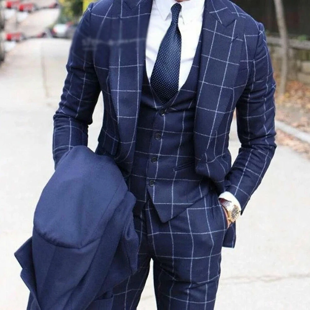 

Customzied Men's Suits 3 Piece Jacket Pants Vest Male Clothing High Quality Single Breasted Peak Lapel Slim Fit Blazer Costume
