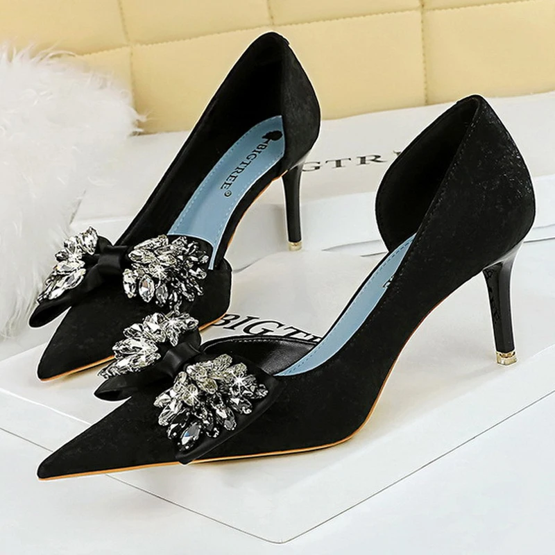 BIGTREE Shoes Rhinestone Bow Women Pumps Luxury Banquet Shoes Sexy High Heels Women Stilettos Party Shoes Large Size 41 42 43