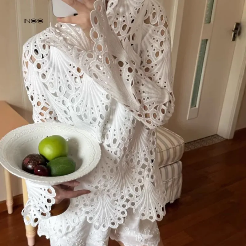 

2026 Spring New Beautiful Elegant White Lace-up Top with Hollow-out Design blusas femininas tendencia
