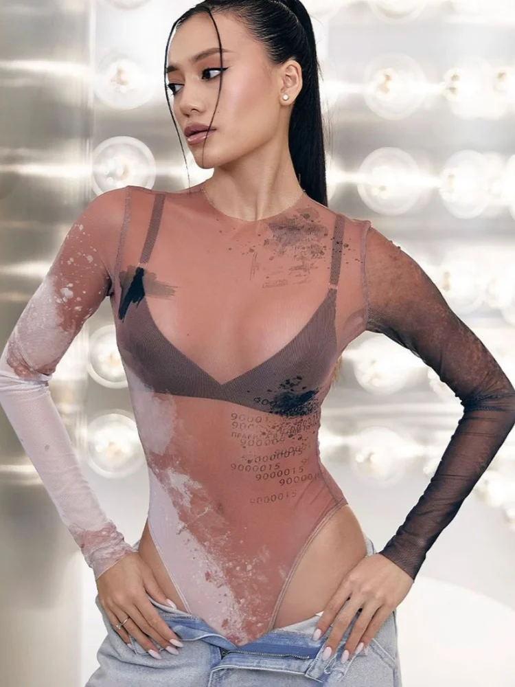 

See Through Mesh Bodysuit Letters Printing Lingerie Sexy Tops Women Rave Outfit Long Sleeve Body Feminino One-pieces Bustier