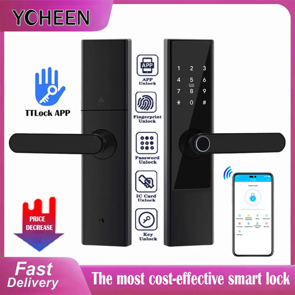 Home Electronics TTlock Wireless Door Lock Biometric Fingerprint Handle Waterproof Smart Lock with Security Key Card Code