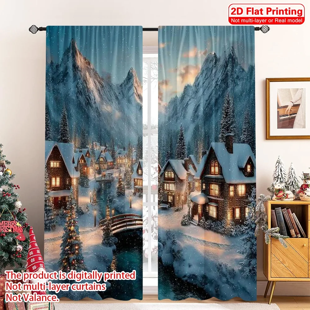 

2pcs 2D flat printing Merry Christmas Scene Curtains Winter Village Versatile Polyester Without Electricity Festive Wall Decor