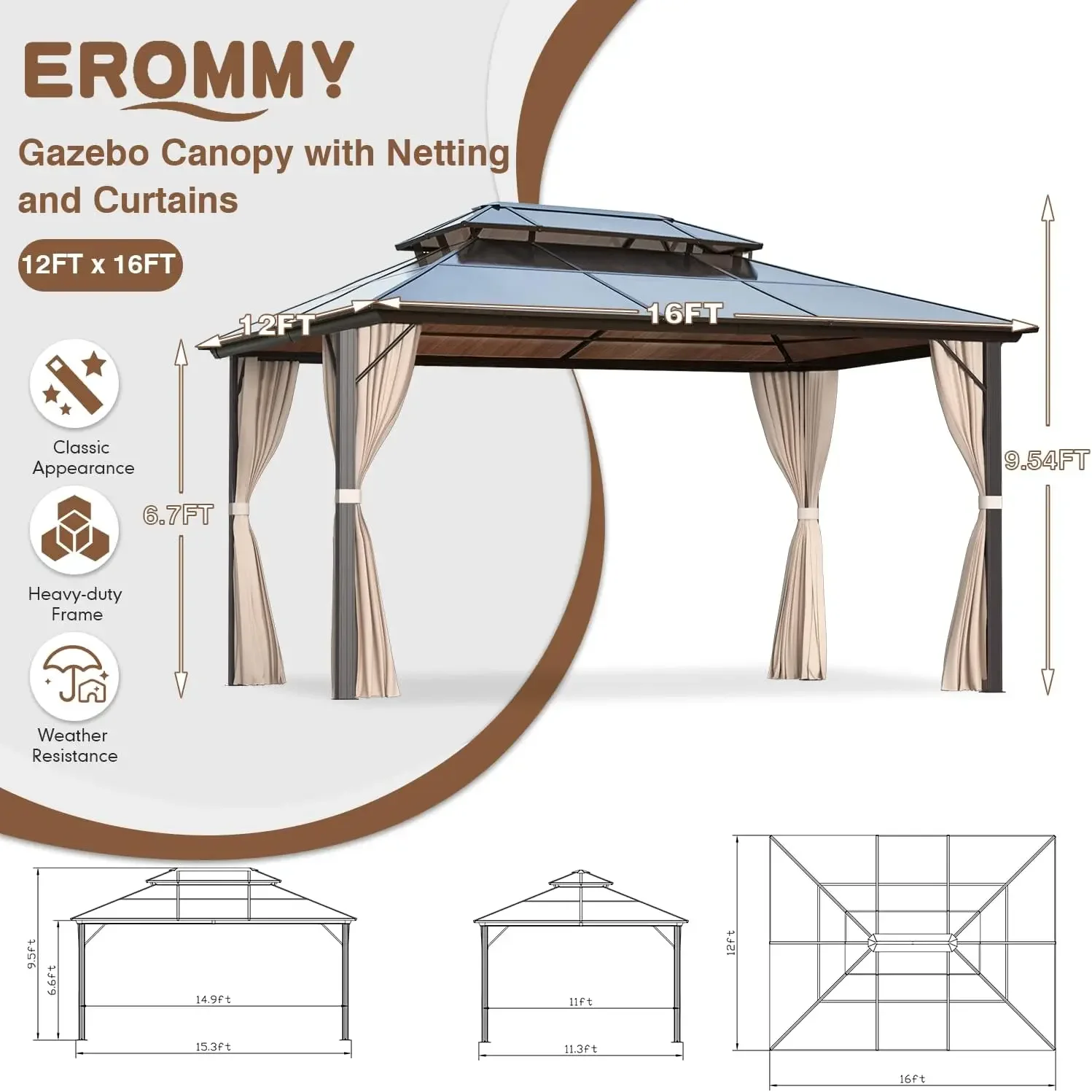 12' x 16' Gazebo Polycarbonate Double Roof Canopy Outdoor Aluminum Frame Pergola Permanent Pavilion with Netting and Curtains