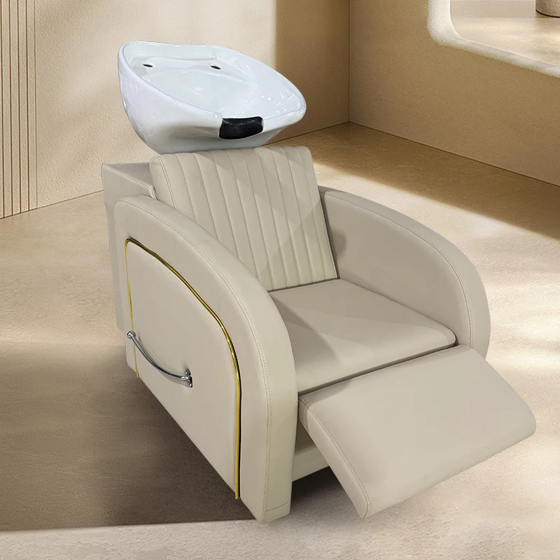 

Кресло для мытья головы Keyunshi Luxury Beige Salon, с керамической раковиной и откидной подставкой для ног, для парикмахерских салонов