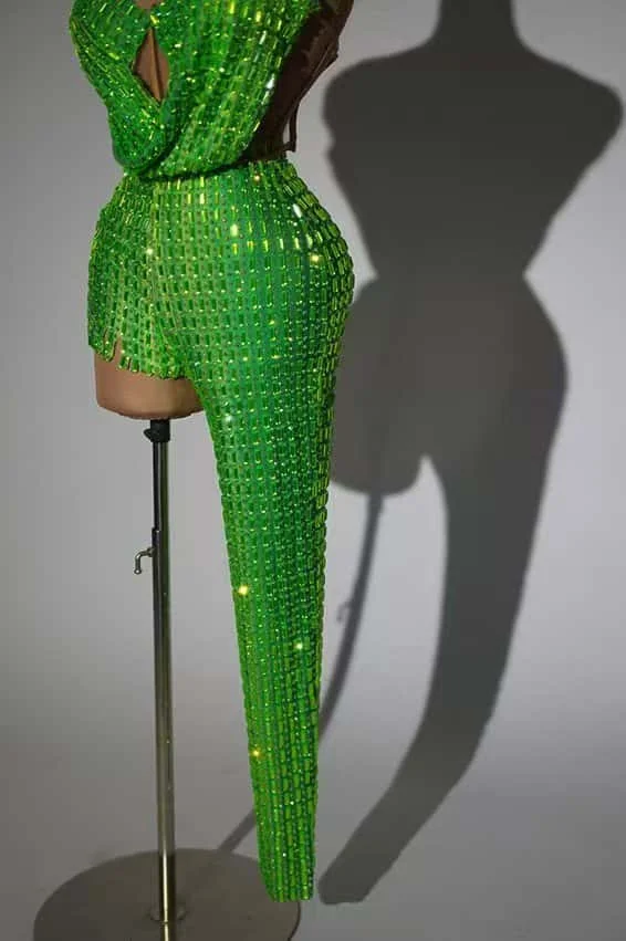 Sexy Stage Sparkly Green Rhinestone 2piece Set Club Short Jumpsuit Luxury Women Carnival Party Dance Troupe Bodysuits Fugui