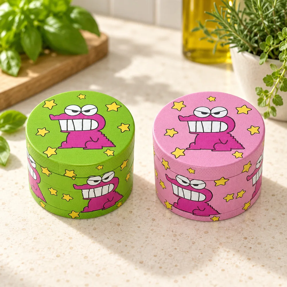 2 Pcs 50 mm Green Pink Crocodile Metal Herb Grinder Set, Manual Tobacco Shredder Pair, Star Print, Smoking Rolling Accessories