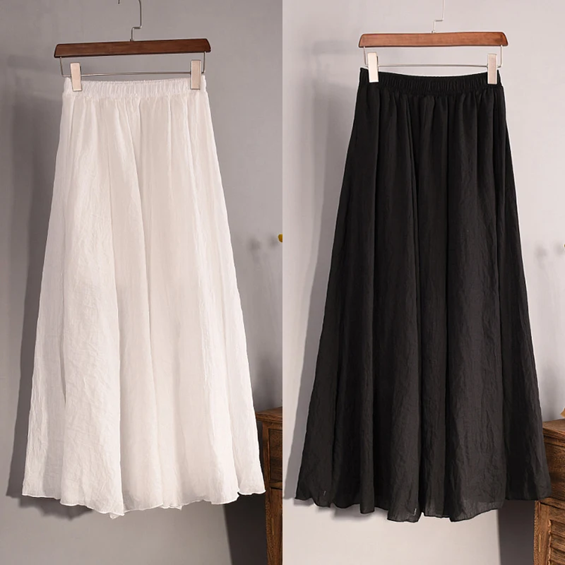 Cotton Linen Skirts For Women\'s High Waist a-Line Long Pleated Skirt Casual Solid Color Elastic Waist Draping Summer Beach Skirt