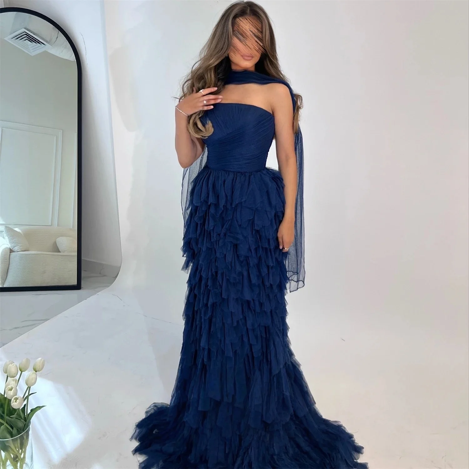 

Blue Strapless Ruffled Long Bespoke Occasion Gown Evening Dresses Prom Pastrol Unisex Jersey Retro Dubai Saudi Arabic Customized