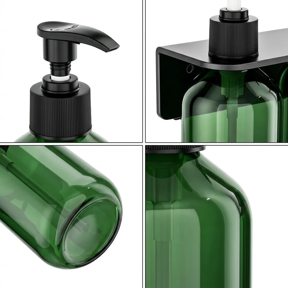 Green 500ml Squeeze Pump Bottles 3 Pack with Wall Bracket for Easy Refill of Soap Shampoo Lotion For Travel Green