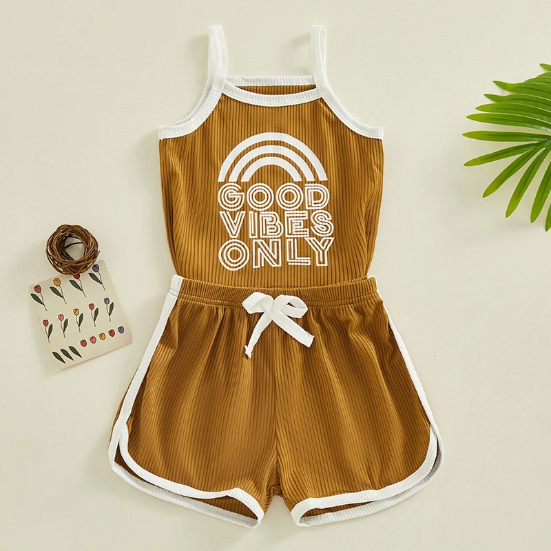 Little Girl Summer Ribbed Set Sleeveless Letter Print Cami Tops + Elastic Waist Shorts Set Toddler 2 Piece Outfits Clothes