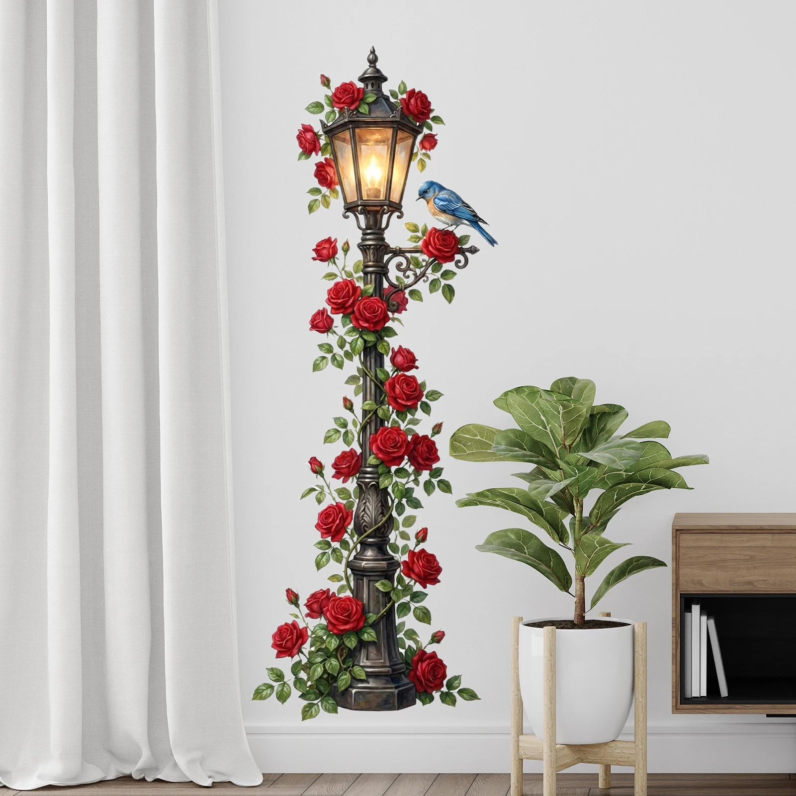 Vintage Street Lamp with Red Roses & Blue Bird Wall Decal, Romantic Floral Lantern Vinyl Sticker for Home Decor