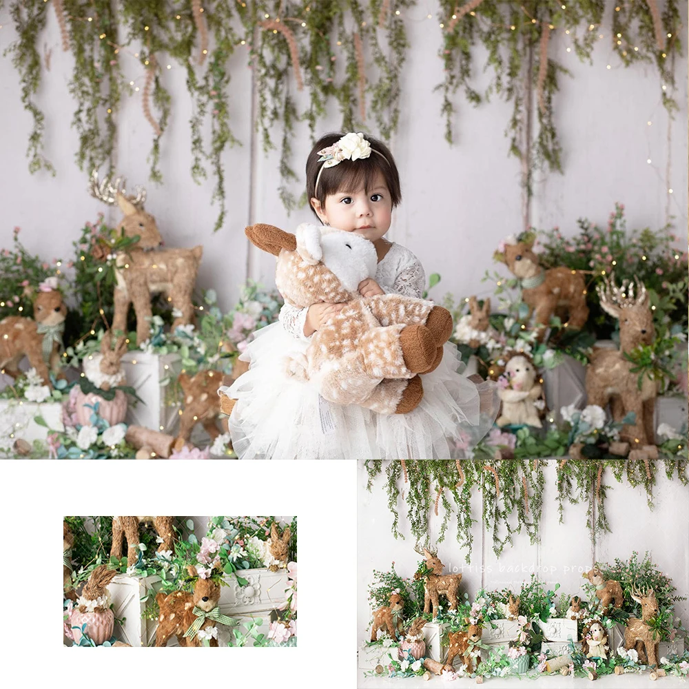 Woodland Deer Spring Backdrops Kids Baby Birthday Cake Smash Photography Props Child Adult Photocall Forest Animals Backgrounds