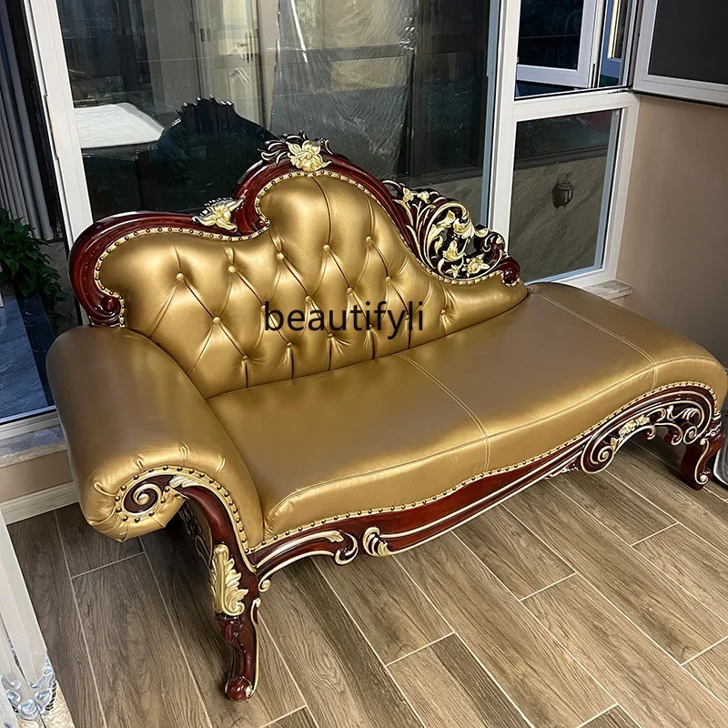 

European leather chaise longue, bedroom luxury full solid wood carving flower sofa combination chaise longue furniture
