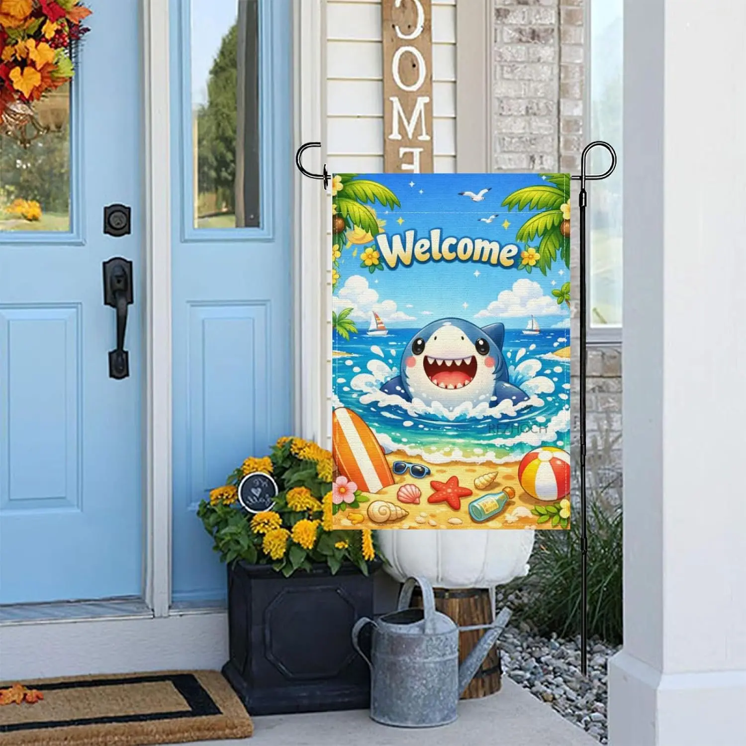 Summer Beach Funny Shark Welcome Garden Flag 12x18Inch,Cute Animal Surfboard Ocean Waves Seashell Starfish Coastal Yard Deco AAM