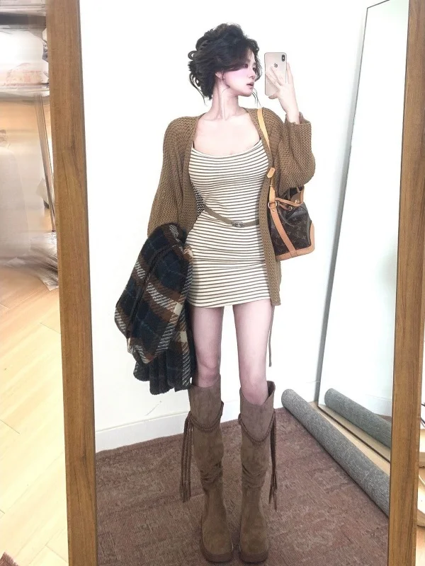 

Весна 2026: Модный женский вязаный кардиган и комплект с полосатой юбкой, облегающий, с завышенной талией, повседневный, влагоотводящий