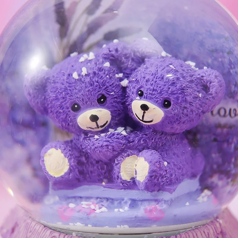 Crystal ball music box lavender purple bear with light snow flowers for guests a small gift mini music box birthday gift.