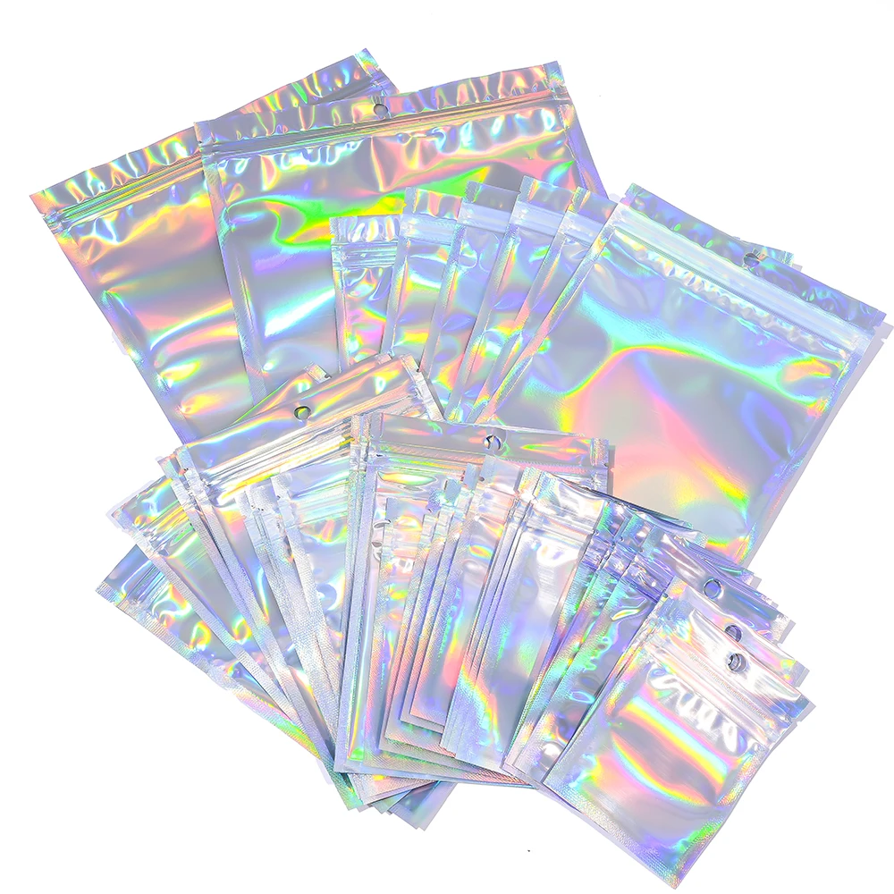100 Stück Laser-Regenbogen-Polyethylen-Selbstverschlussbeutel, transparente Laser-Verpackungsbeutel für Schmuckzubehör und Einzelhandelsdisplays – Detail 4
