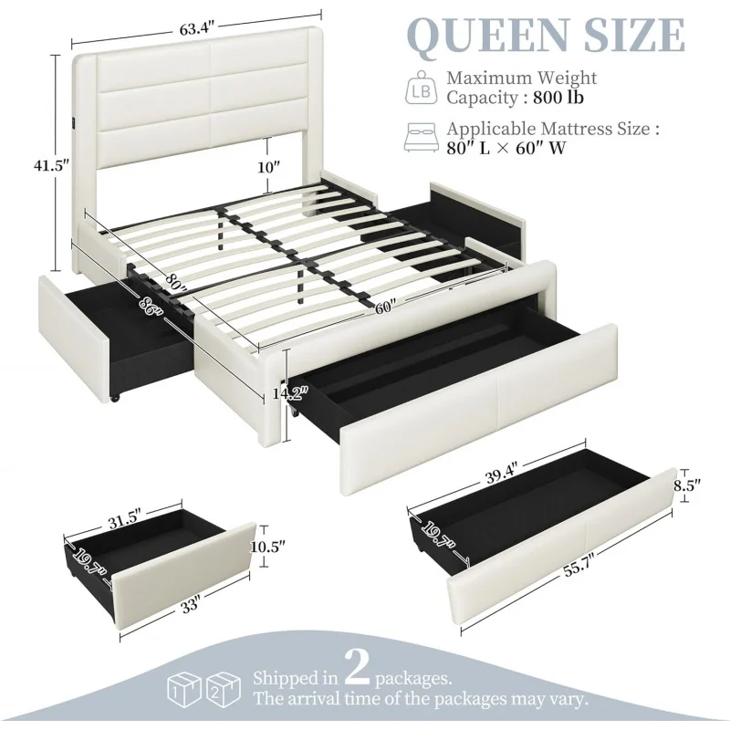 Queen Size Bed Frame With 2 USB Charging Station/Port For A&Amp;Type C/3 Storage Drawers, Leather Upholstered Pla