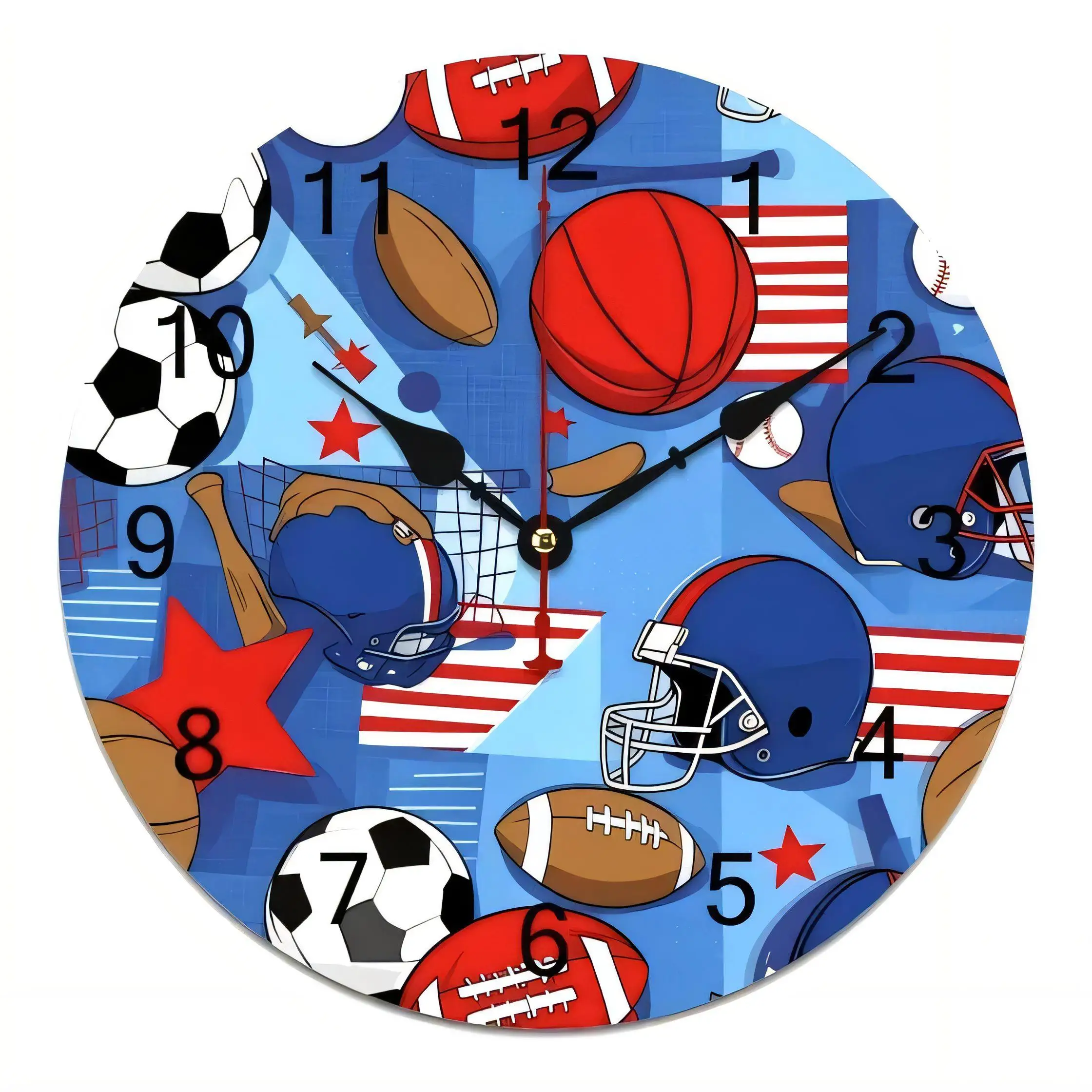 Sports Wall Clock  Blue Football Basketball Baseball Decorative Round Timepiece for Home Office Kitchen Living Room