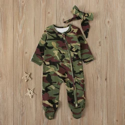 Baby Boys Romper Clothes Newborn Bodysuit with Headband Cotton Camouflage Infant Home Wear Fashion Toddler Outfit Suit 0-9M ﻿