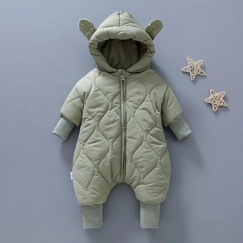 Winter Baby Clothing 0-2 Y Infant Boys and Girls Solid Fur Lining Rompers Newborn Toddler Outwear Hooded Jumpsuit