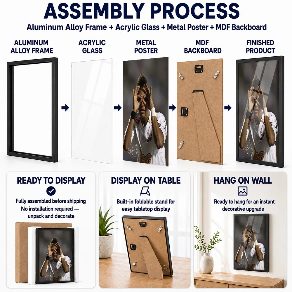 Neymar Junior Binocular Gesture Portrait Framed Metal Print Customized Victory Tribute Wall Art For Football Fans Decorating Gym