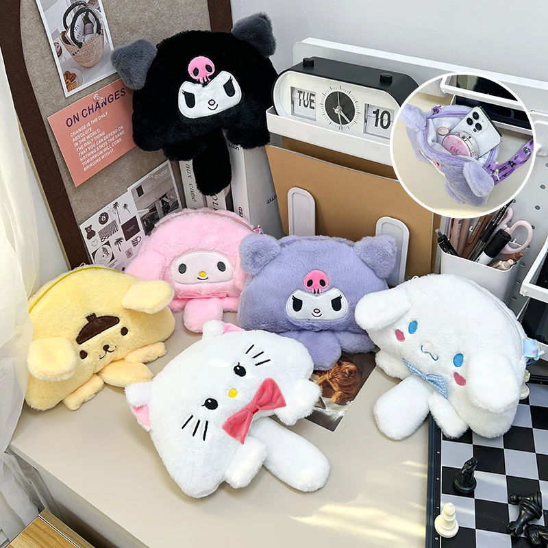 Sanrio Pluche Tas Cartoon Kuromi Cinnamoroll Melodie Hello Kitty Crossty Cosmetische Opbergtas Verstelbare Schouderband