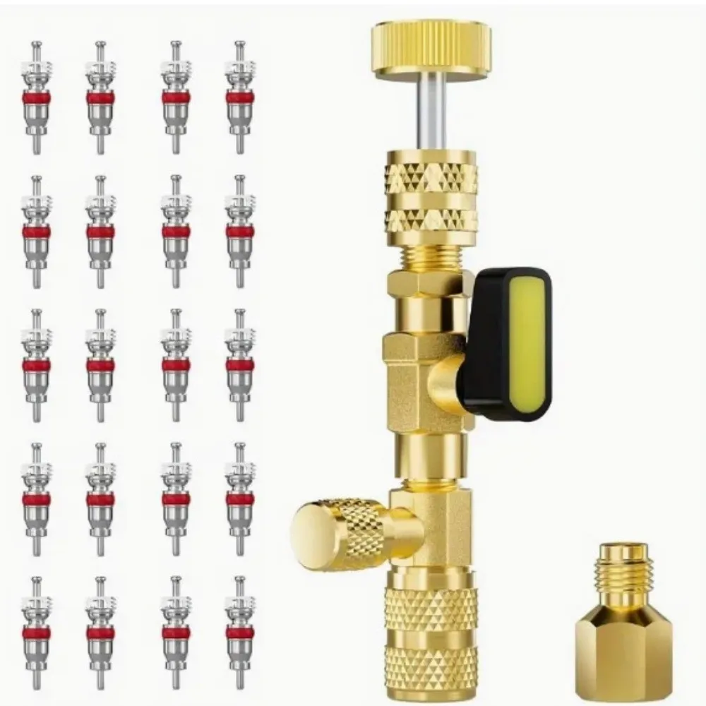 Dual Size Ports Valve Core Remover 1/4in & 5/16in Port SAE 1/4 & 5/16 Valve Removal Tool Kit 20 Valve Cores Brass Material