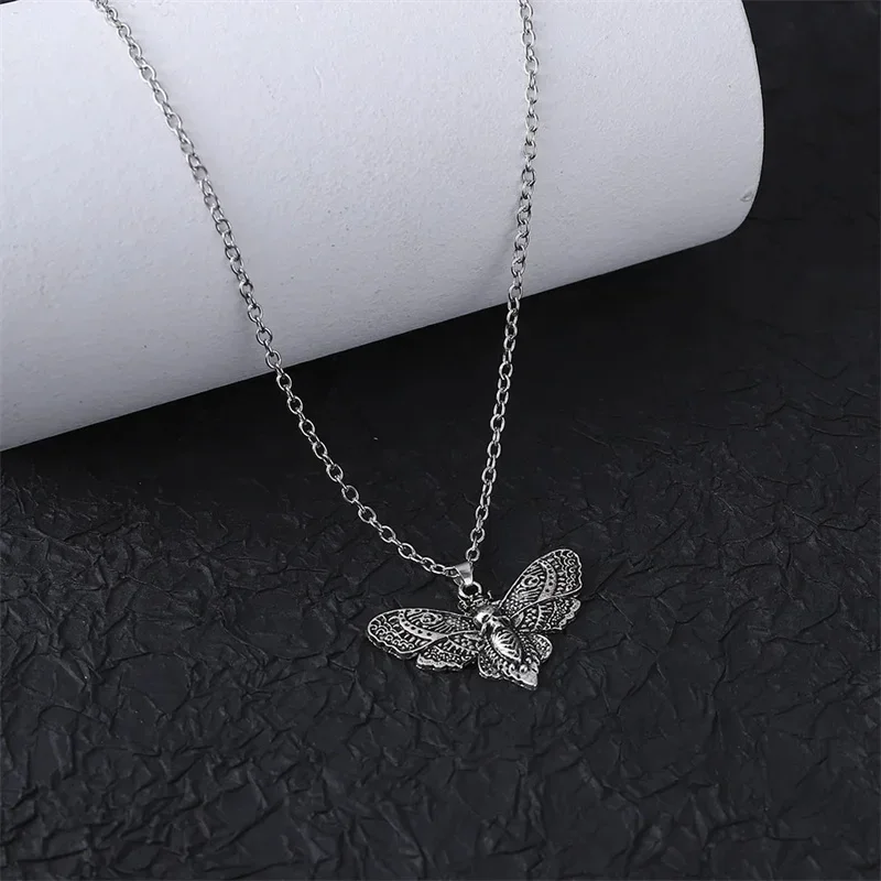 Death Moth Necklace Pendant 18inch Chain Sugar Skull Gothic Butterfly Rock Emo Goth Silver Color 18inch Strong Chain